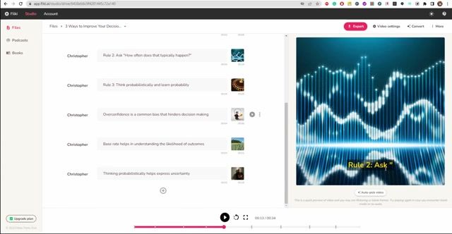 Fliki AI 视频设置与字幕编辑界面